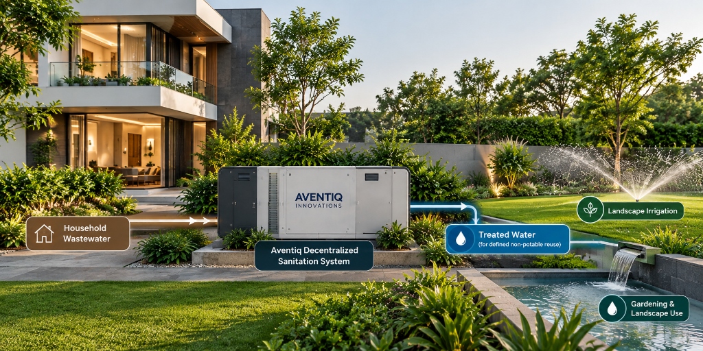Decentralized wastewater treatment and water recovery system by Aventiq Innovations: Household Wastewater to Aventiq System to Treated Water to Landscape Irrigation & Gardening
